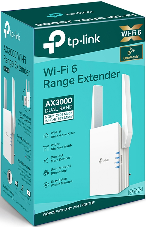 Boîte d'extension de portée Wi-Fi 6 avec détails du produit, appareil blanc et antennes.