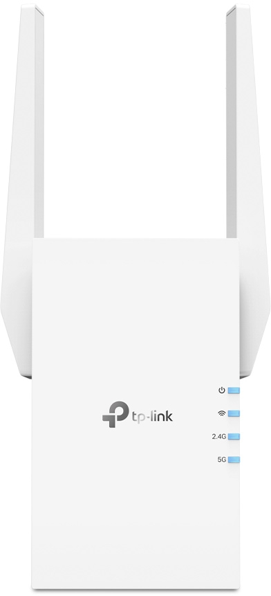 Routeur tp-link blanc avec des antennes s'étendant vers le haut et des lumières bleues.