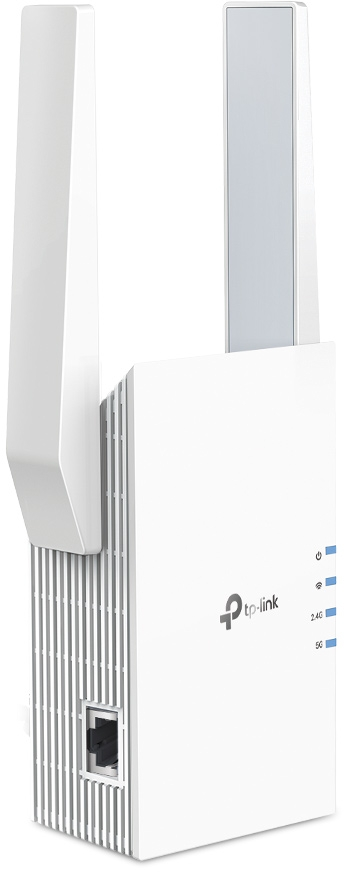 Un prolongateur de portée Wi-Fi TP-Link blanc avec deux antennes et des voyants.