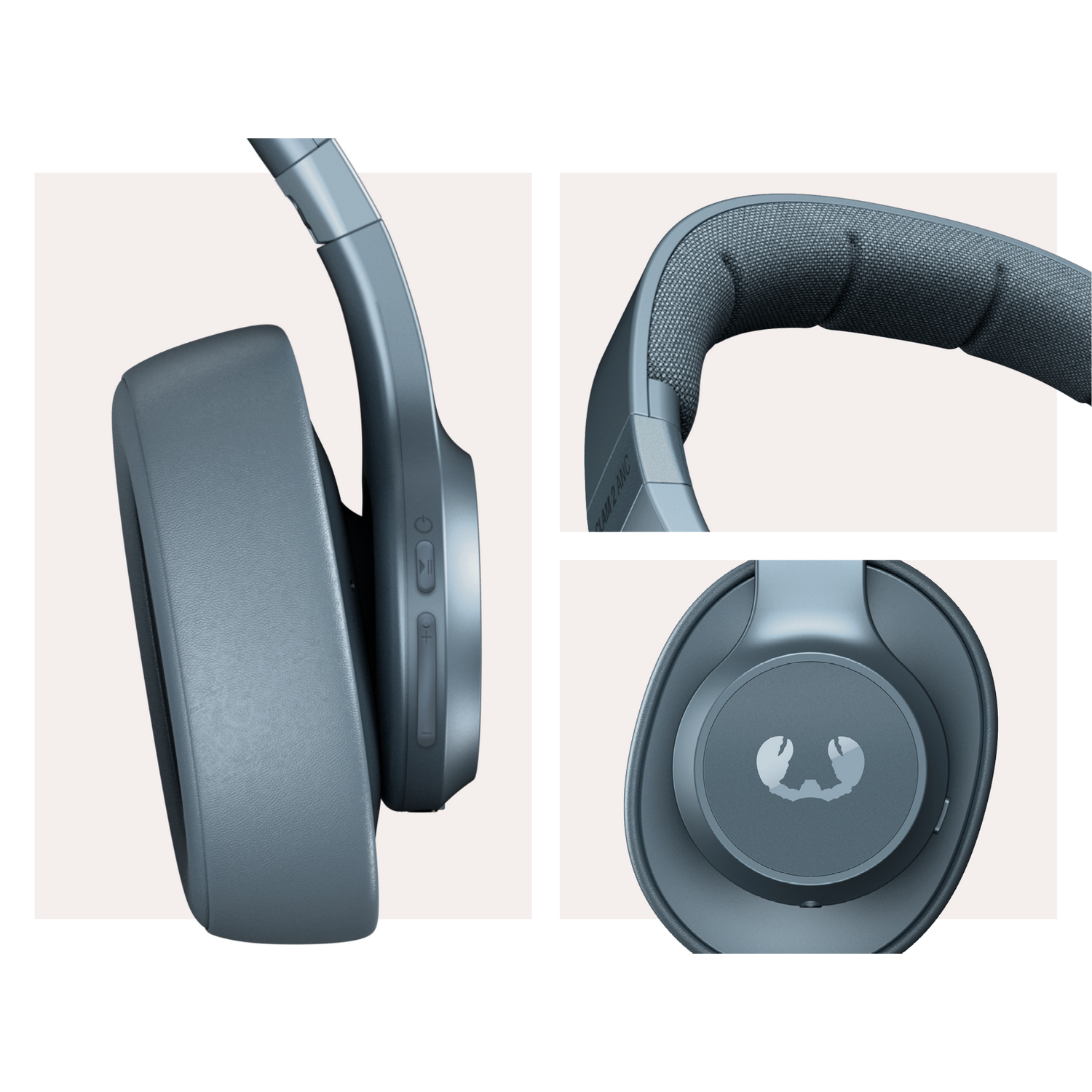 Grey headphones, various angles: side view, top view and ear cup detail.