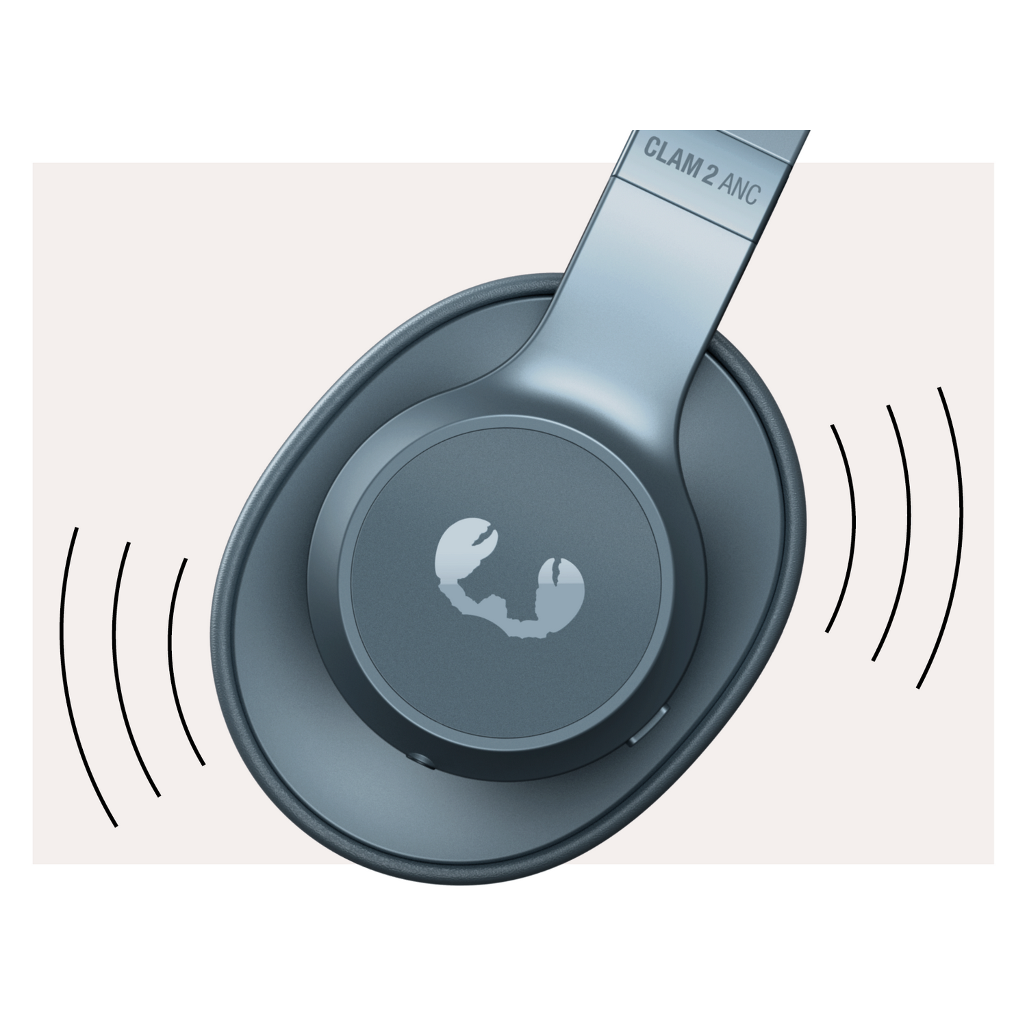 Blue headphones with sound waves on a light background. The text 'CLAM 2 ANC' is visible.