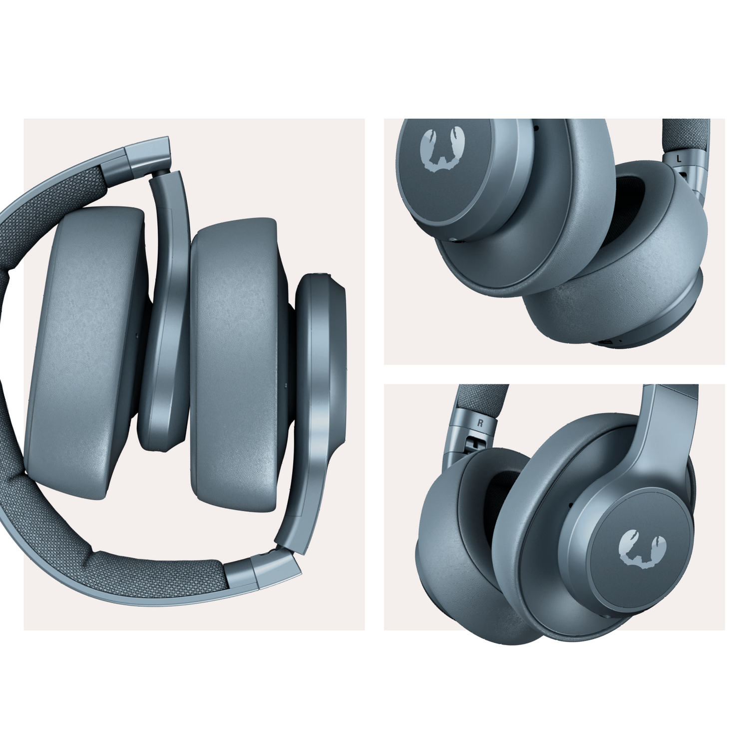 Three views of folded blue headphones. The right earphone shows a logo.