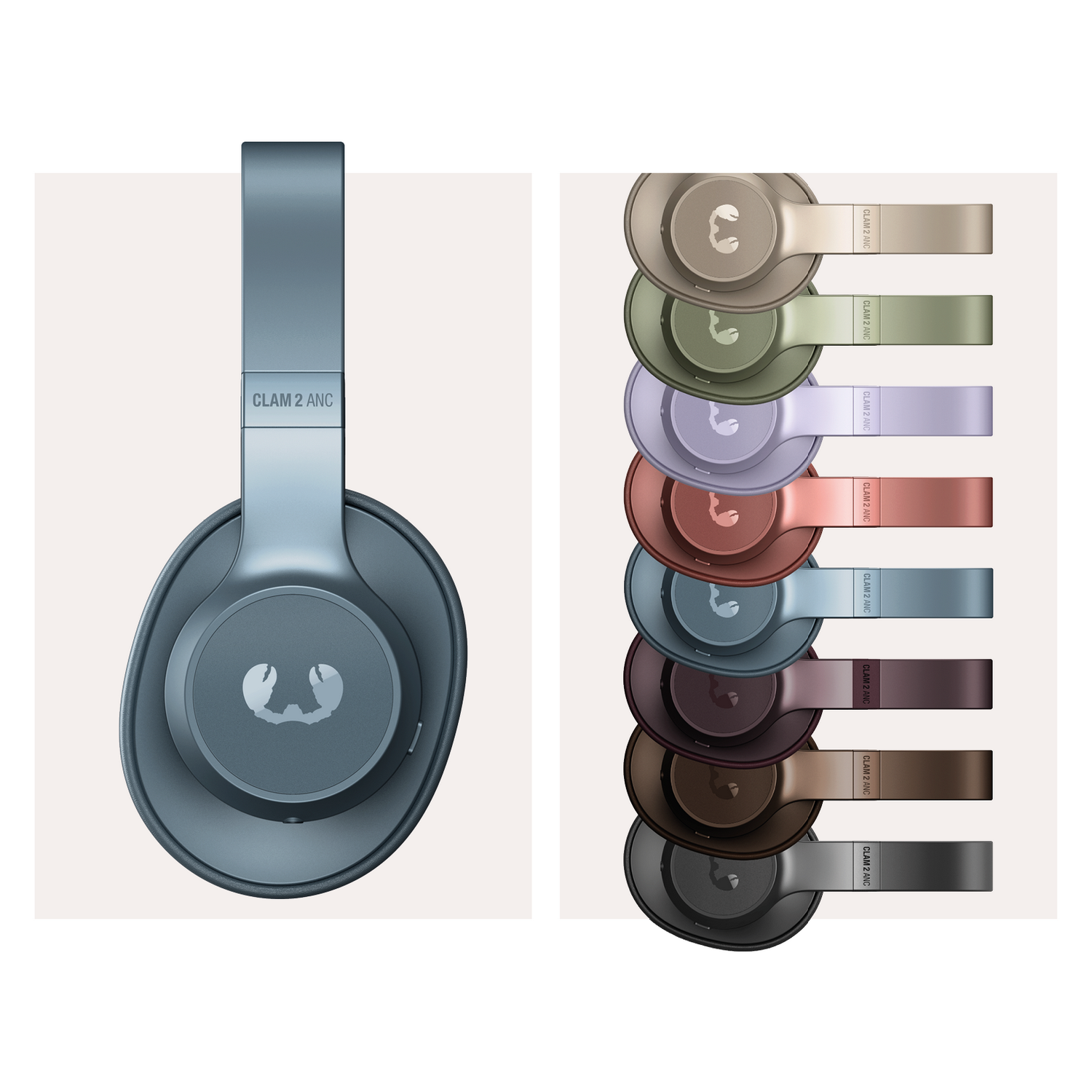 Headphones in multiple colors. One in a blue. Other colors are in a row to the right.