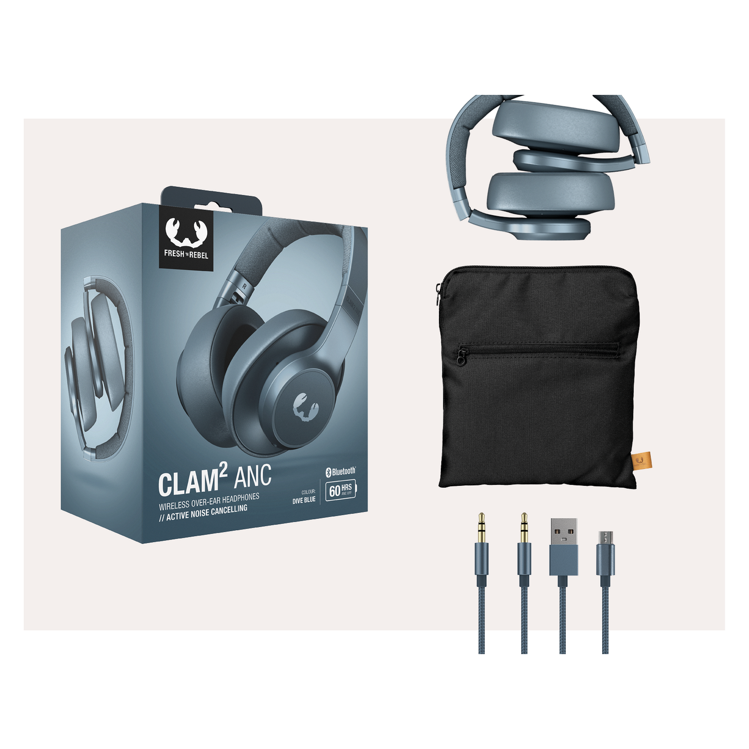 Headphones, case, and cables on a white background, blue color.