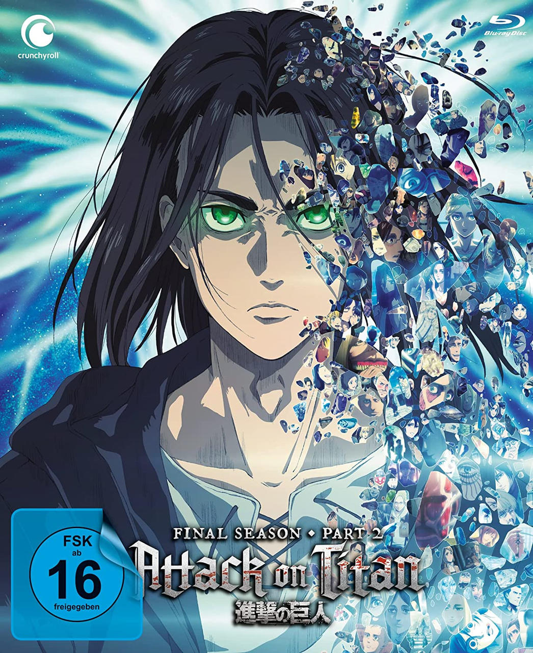 Attack on Titan Blu-ray Cover. Eren's Gesicht dominiert, umgeben von Charakteren. Blau und Weiß.