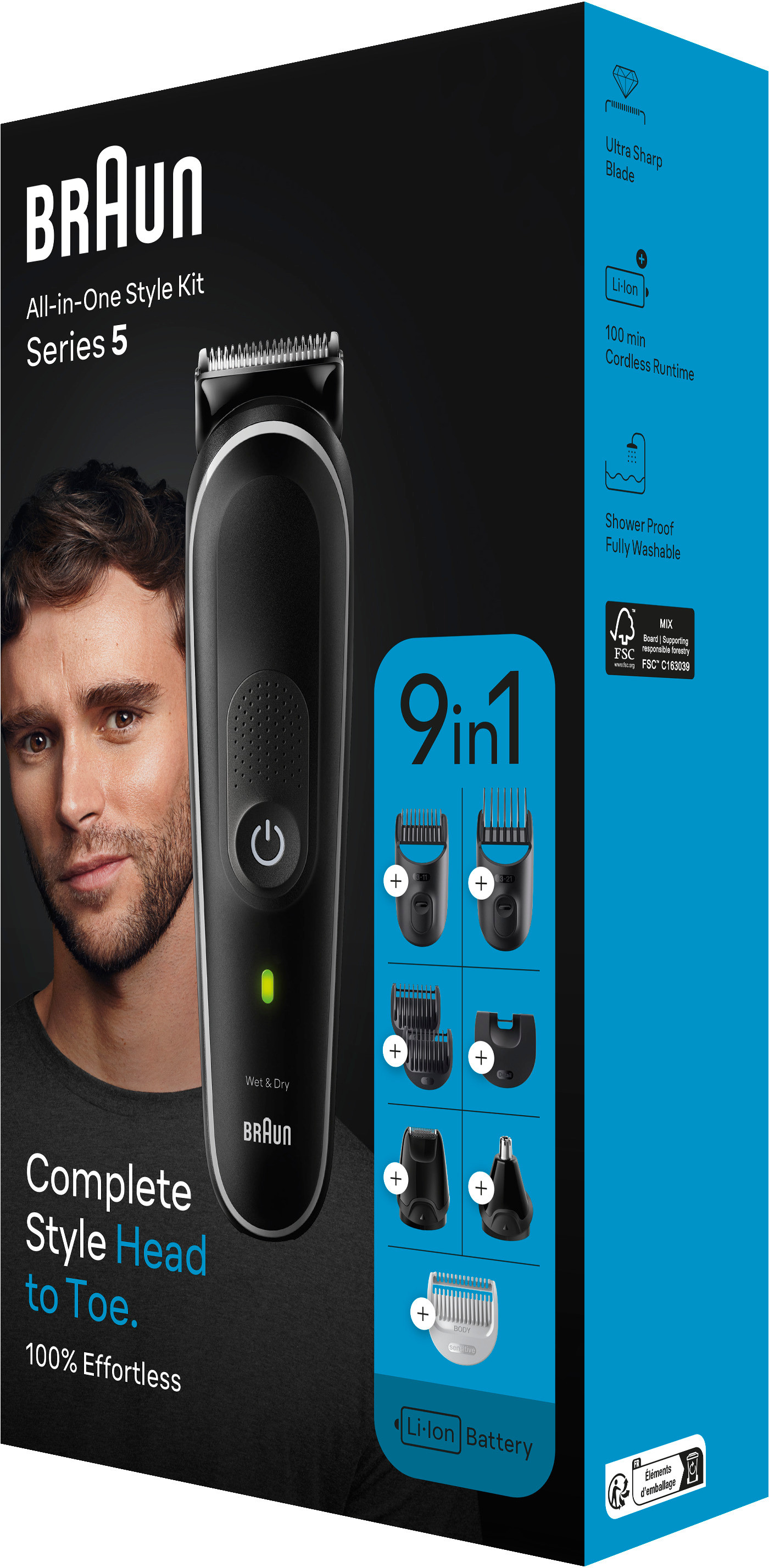 Une boîte de produit pour un kit de style Braun All-in-One, avec un visage d'homme, la tondeuse et des accessoires. Design bleu et noir.