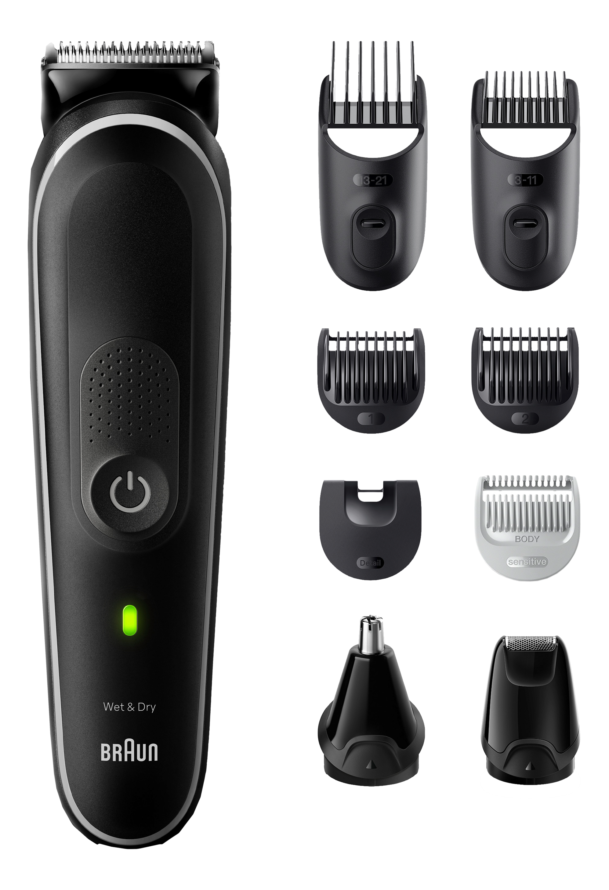 Une tondeuse à barbe Braun noire avec divers accessoires et pièces jointes.