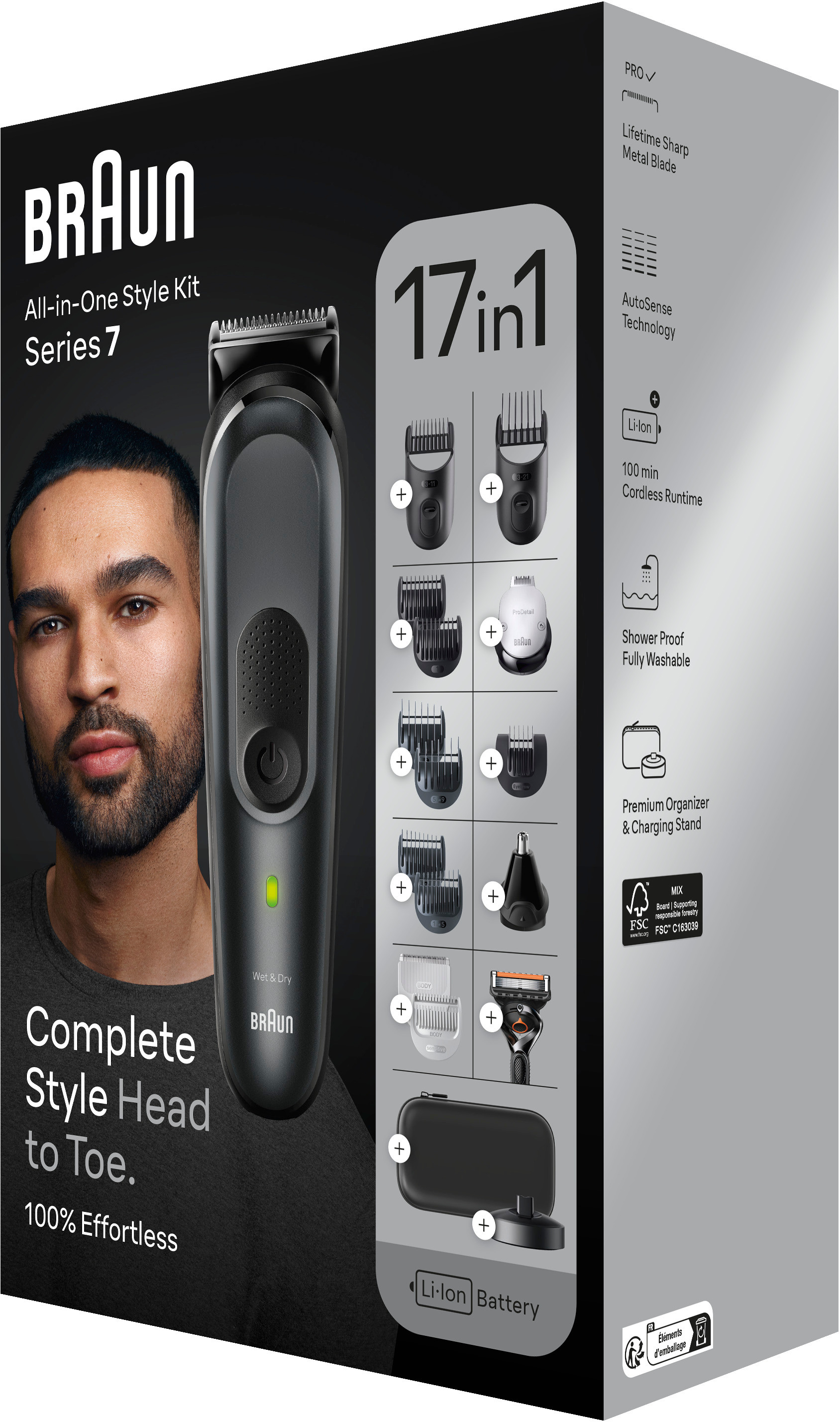 Scatola del kit di stile tutto in uno Braun Serie 7. Volto di uomo a sinistra. Kit 17 in 1.