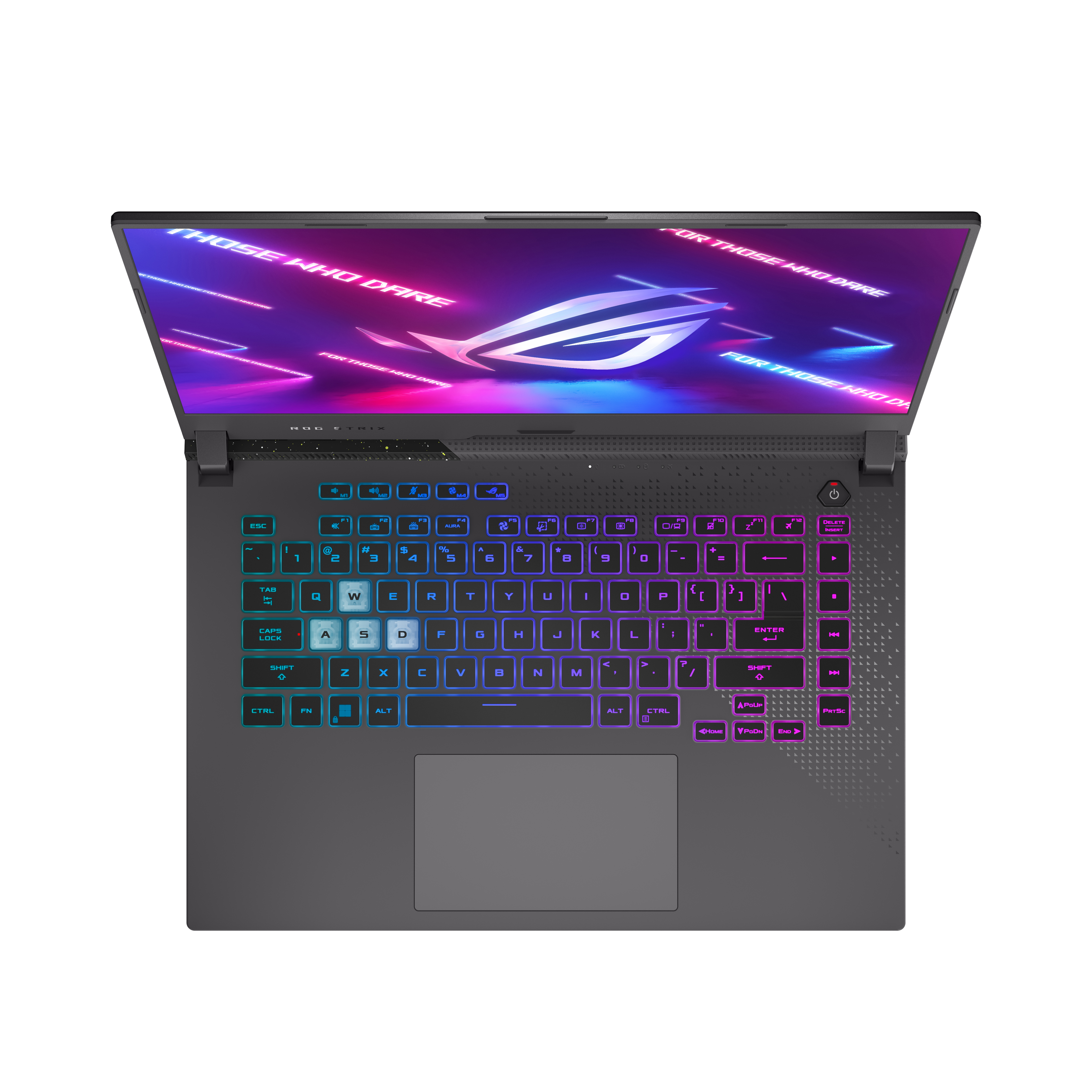 Una computadora portátil con la pantalla abierta, mostrando un teclado y diseño de pantalla coloridos.