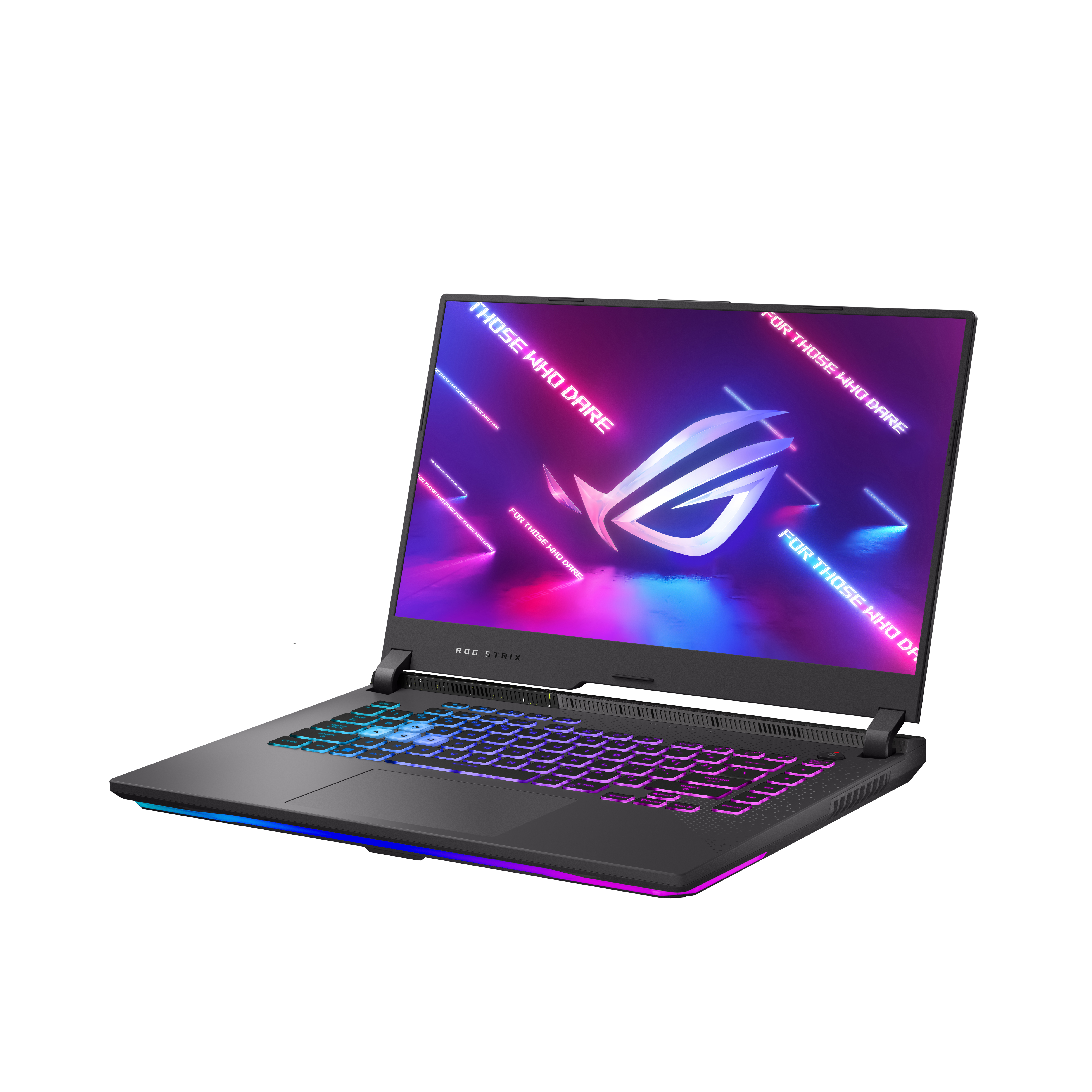 Una laptop gris está abierta, mostrando una pantalla colorida. El teclado está iluminado.