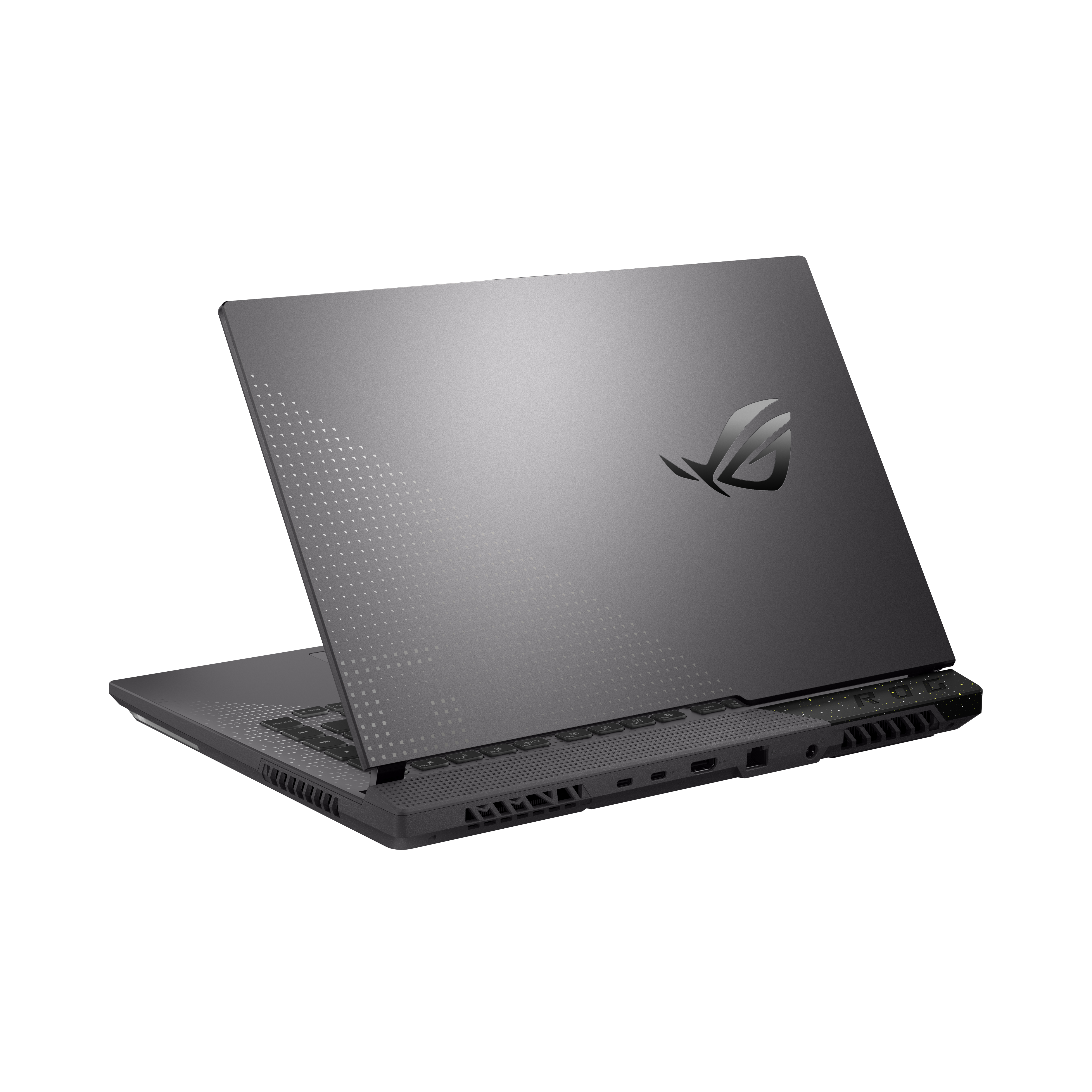 Un portátil gris oscuro con la tapa abierta, que revela un teclado y el logotipo de ROG en la parte trasera.