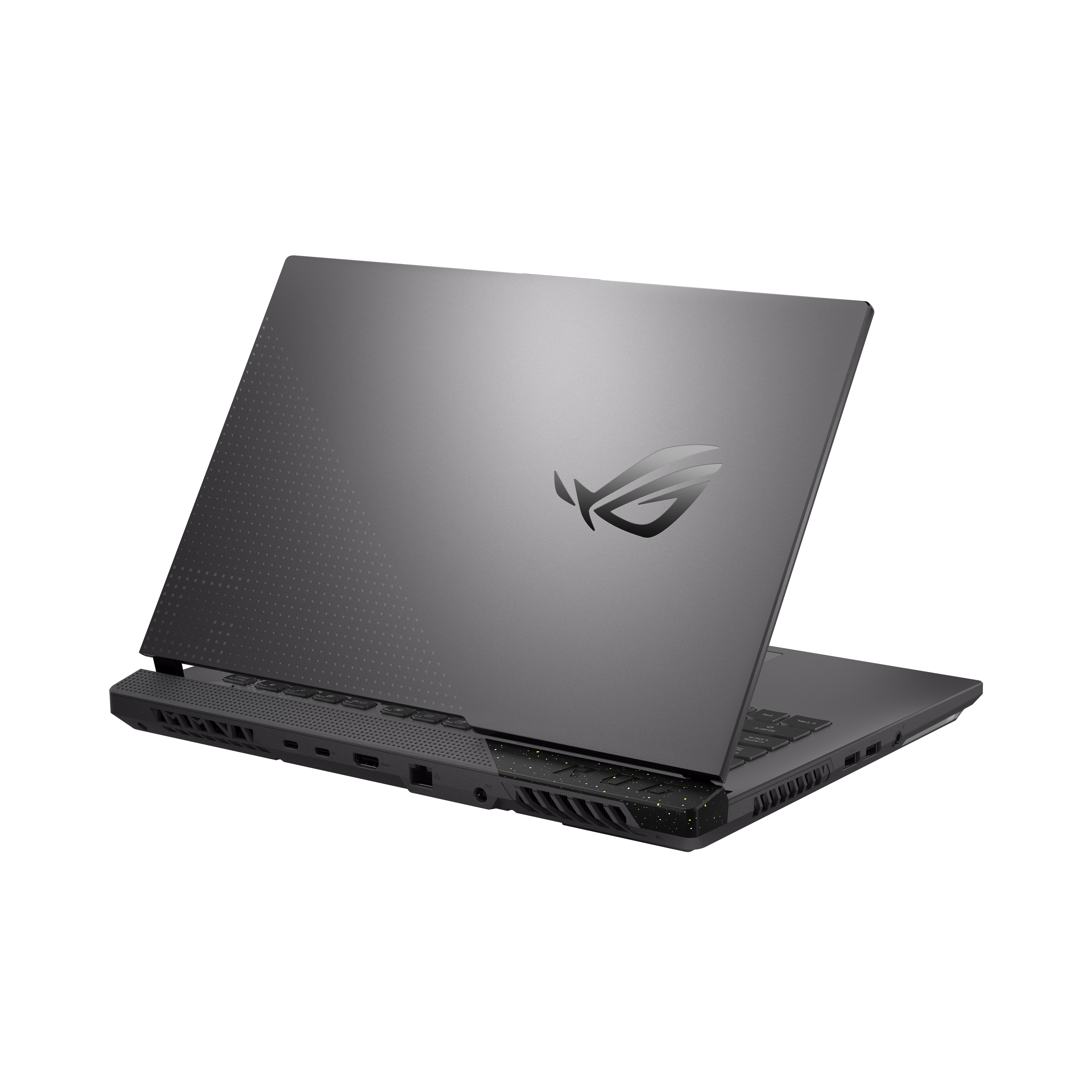 Un portátil gris oscuro con el logotipo de ROG en la tapa.