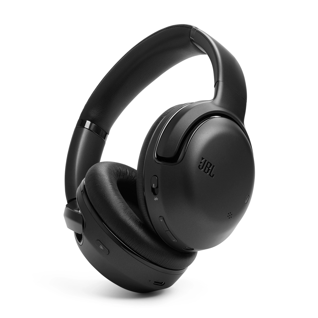 Schwarze JBL-Kopfhörer, Nahaufnahme.