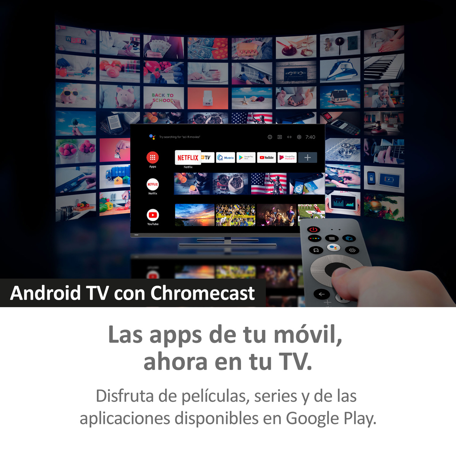 Pantalla de TV mostrando aplicaciones y mano con mando.