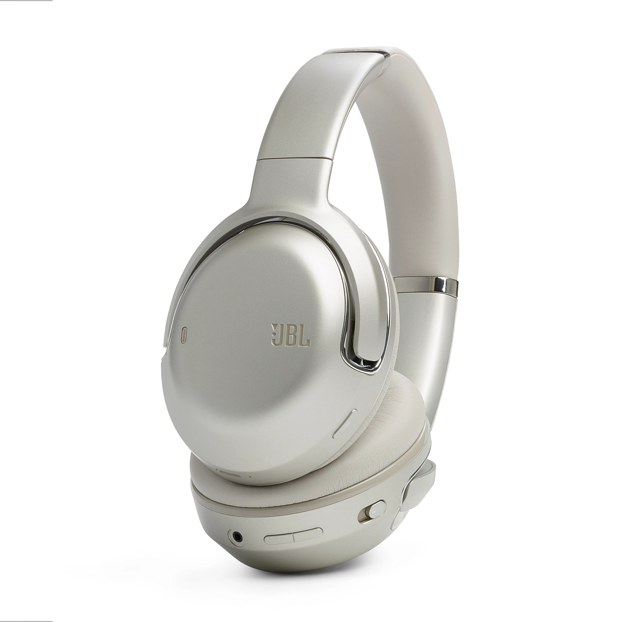 Silberne JBL-Kopfhörer. Es sind Over-Ear-Kopfhörer mit einem schlanken, modernen Design.