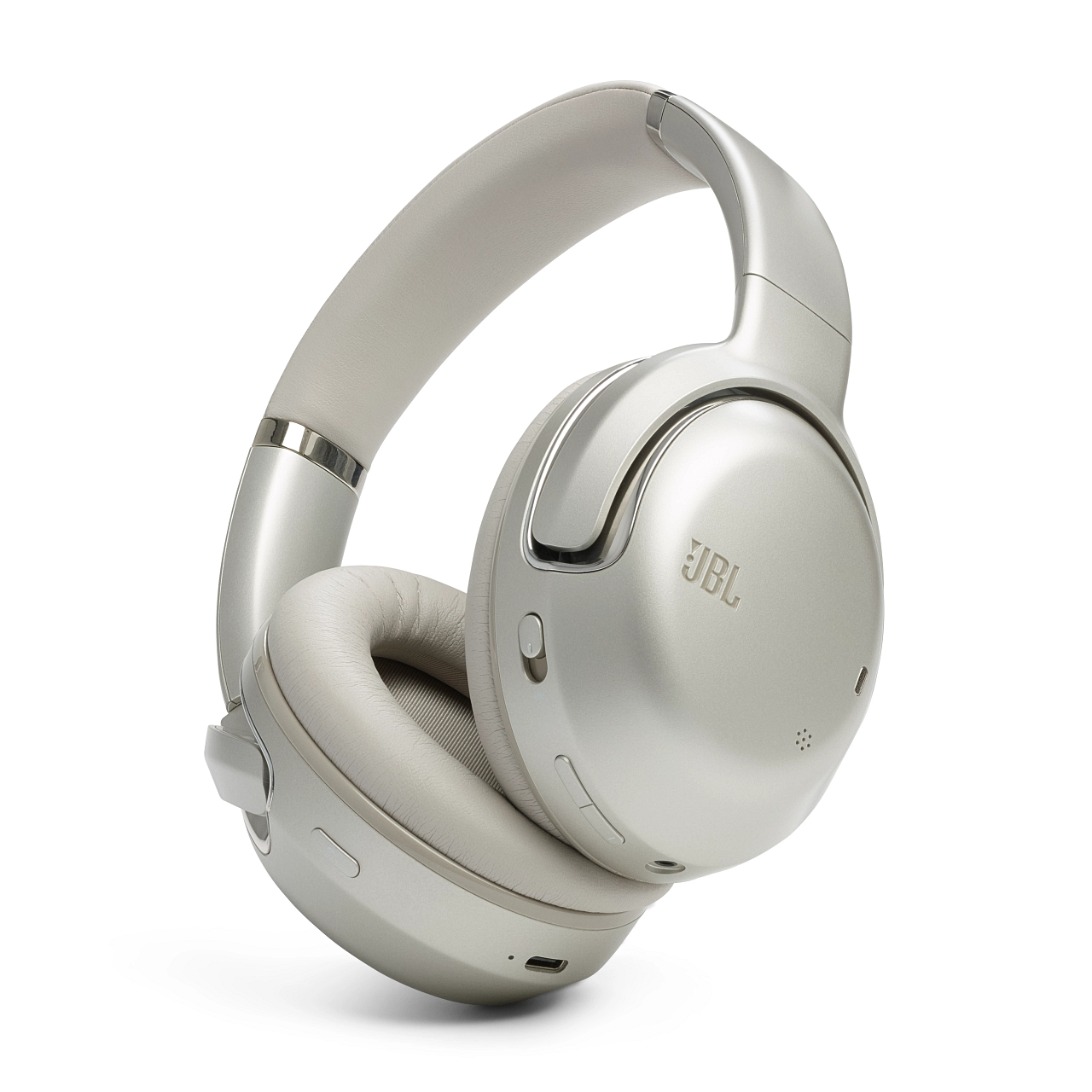 Silberne JBL-Kopfhörer auf weißem Hintergrund, die das Design zeigen.