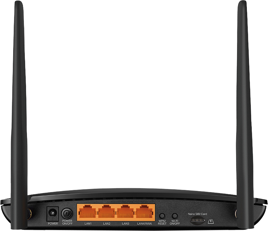 Fekete router két antennával. A portok és a csatlakozási részletek láthatók.