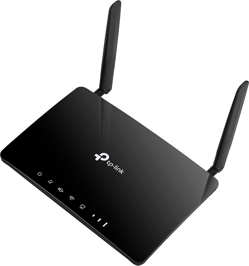 Fekete router két antennával. Táp-, internet- és aktivitásjelző lámpákat mutat.