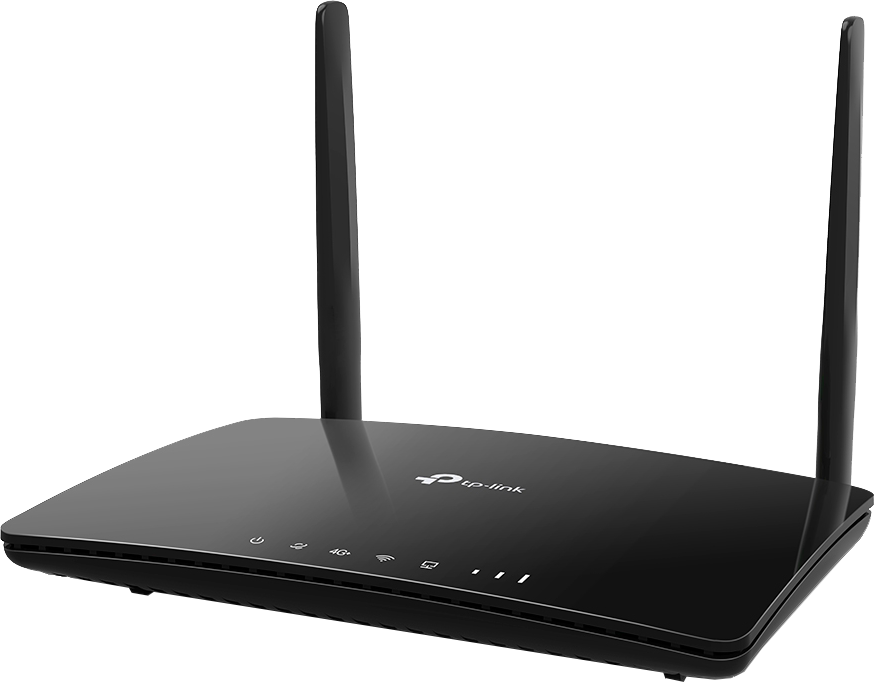 Fekete tp-link router két függőleges antennával és több fénnyel.