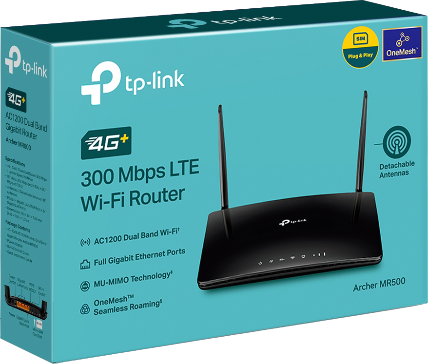 Egy kék doboz fekete routert mutat antennákkal. Szöveg: 4G+, 300 Mbps LTE Wi-Fi Router.