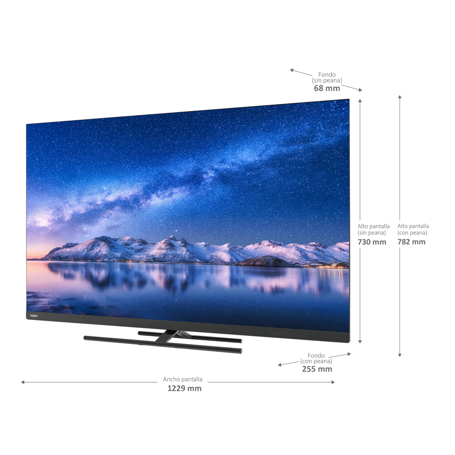 Una gran pantalla de TV que muestra una noche estrellada. Se indican las dimensiones, con soporte y marco negros.