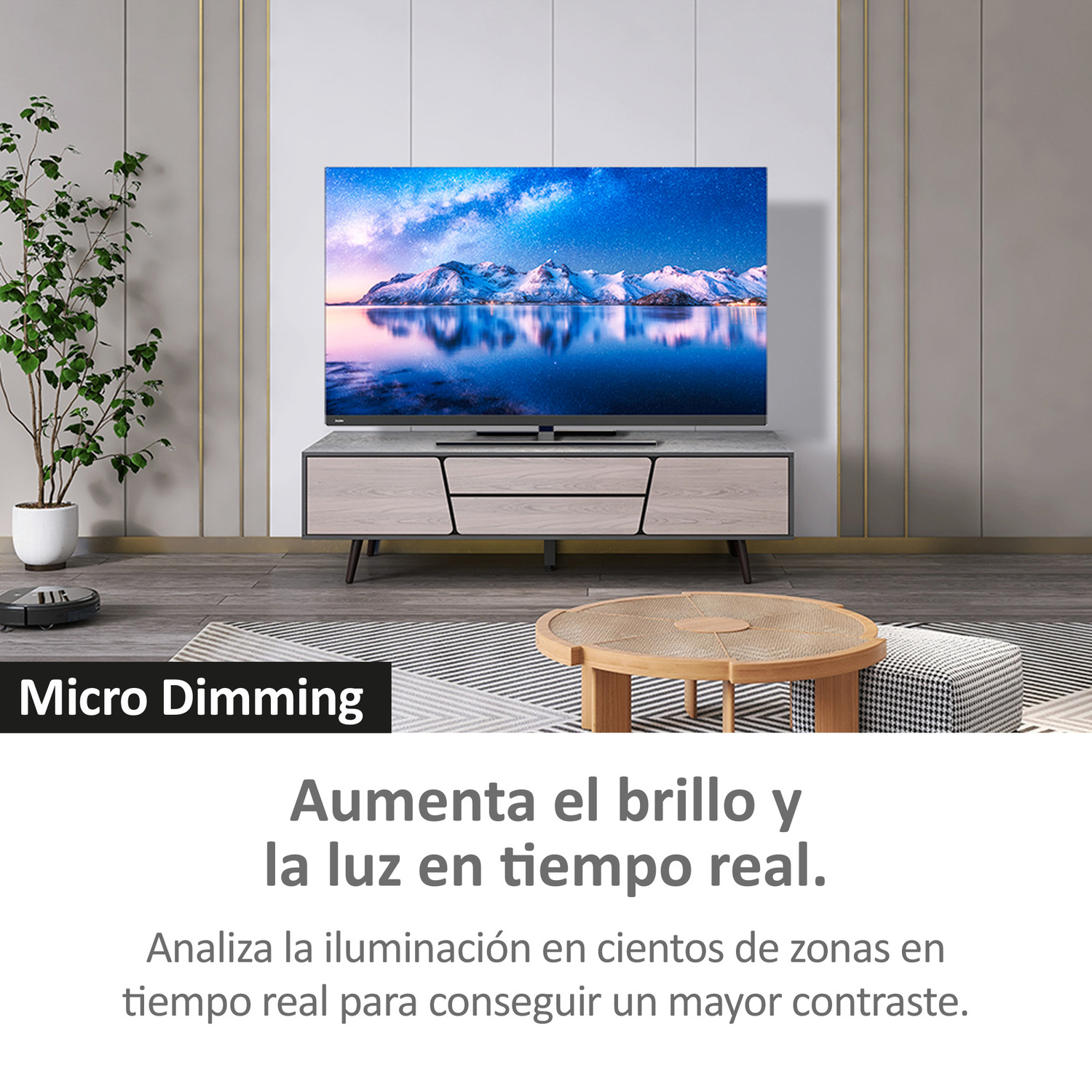 Pantalla de TV muestra montañas nevadas. Texto en español: 'Aumenta el brillo y la luz'.