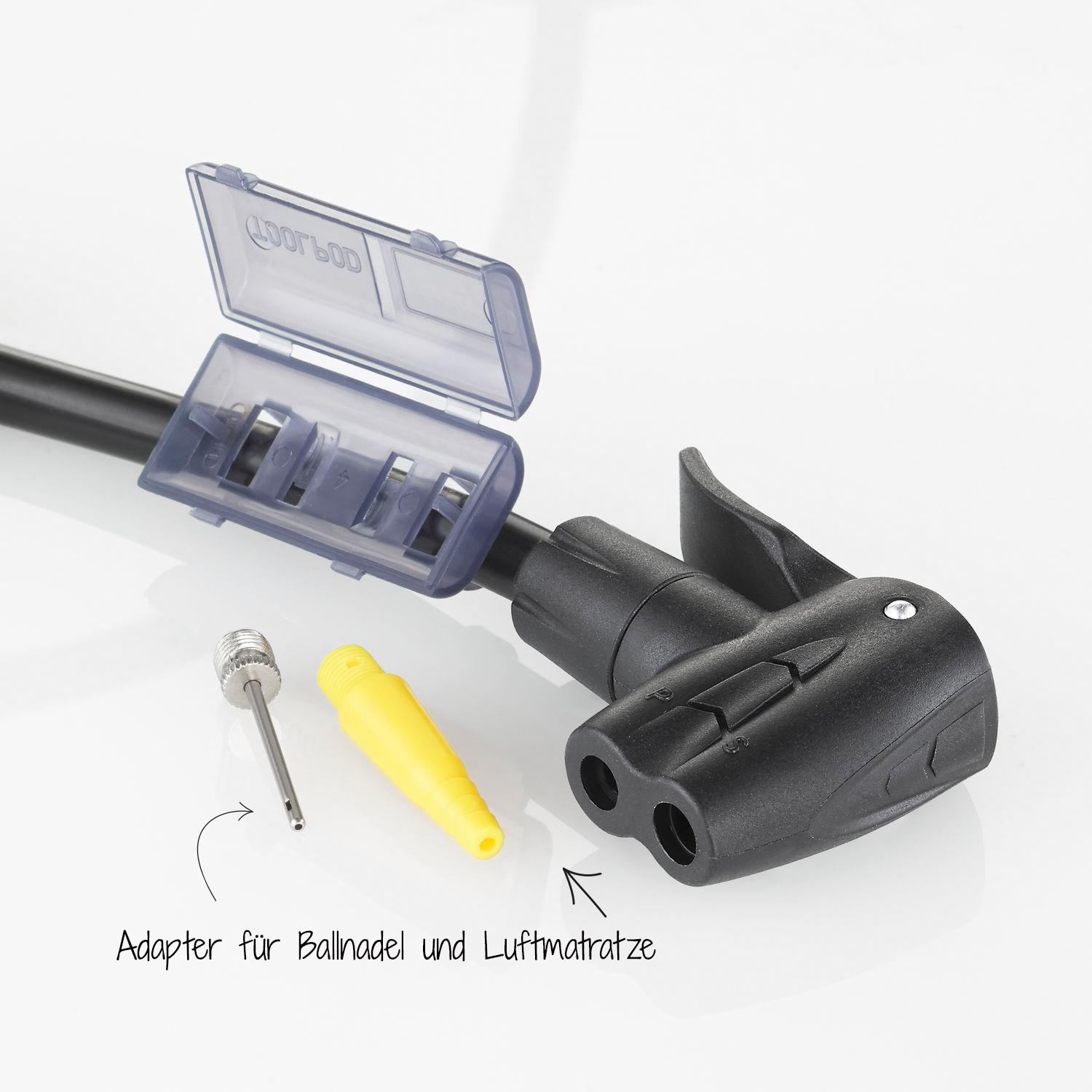 Luftpumpe: schwarze Pumpe, durchsichtige Kappe, gelber Adapter, Nadeladapter auf Weiß.
