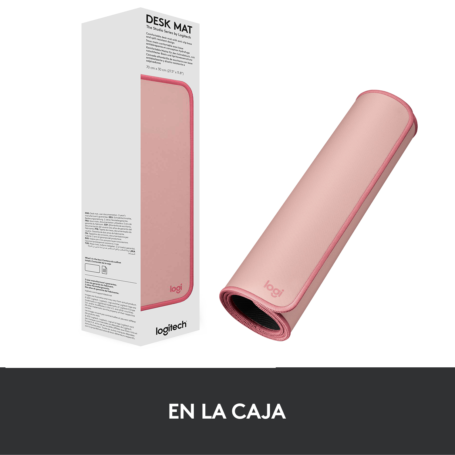 Alfombrilla de escritorio rosa con embalaje.