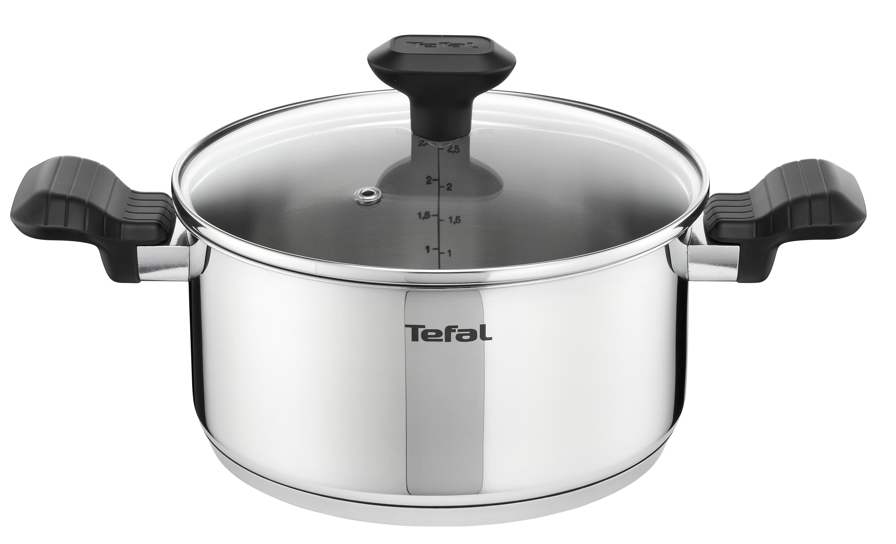 Edelstahltopf mit Glasdeckel und schwarzen Griffen. Tefal-Logo ist sichtbar.