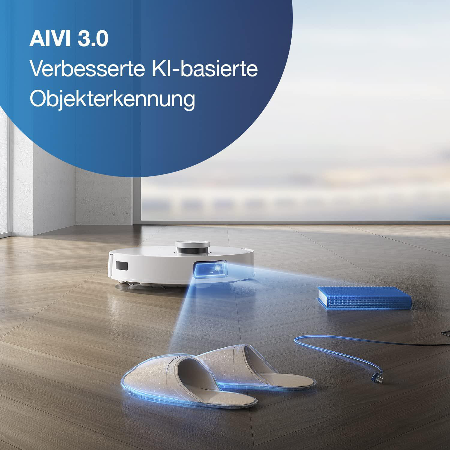 Roboter-Staubsauger, mit Text 'AIVI 3.0' und 'Verbesserte KI-basierte Objekterkennung'.
