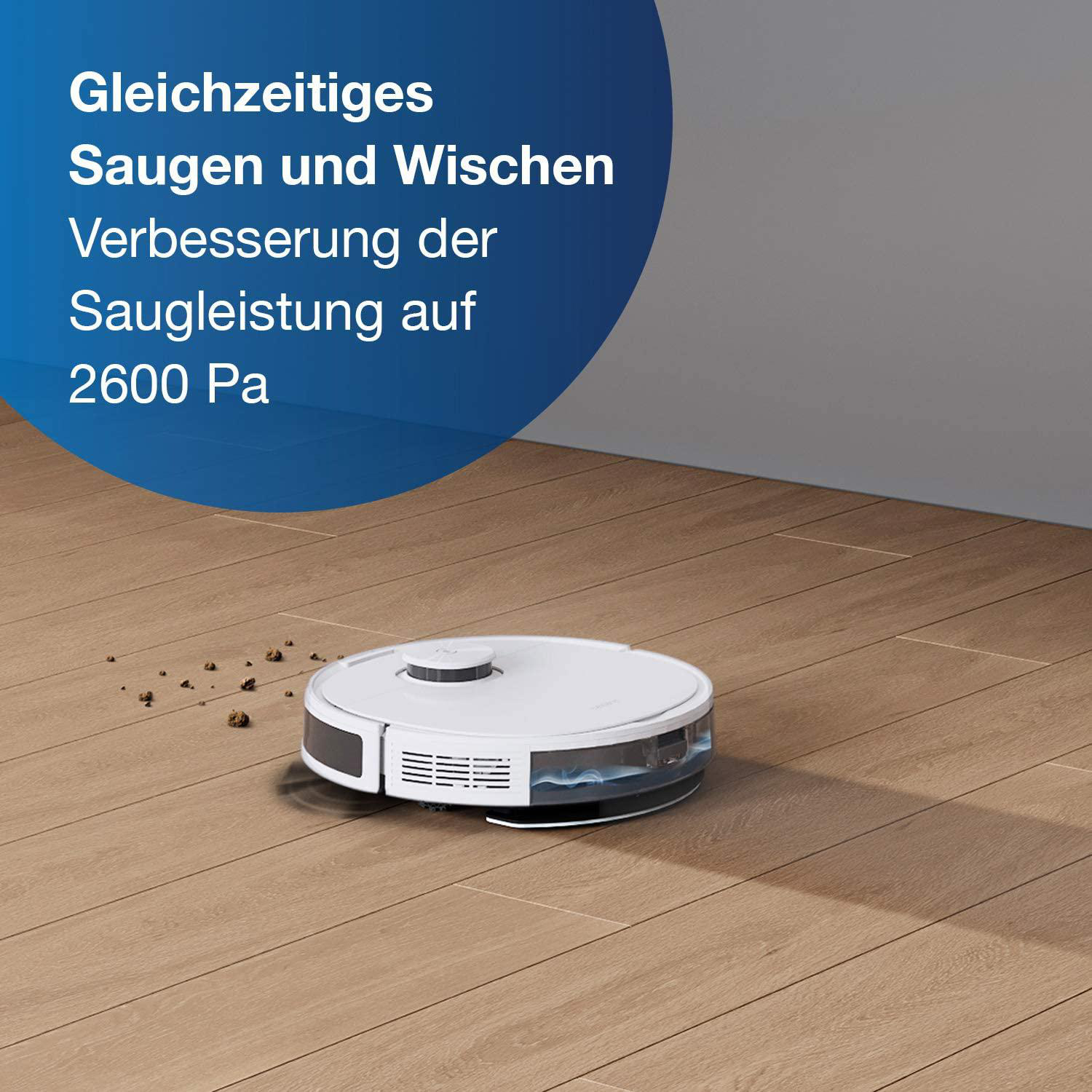 Weißer Roboter-Staubsauger auf Holzboden mit Text im Hintergrund.