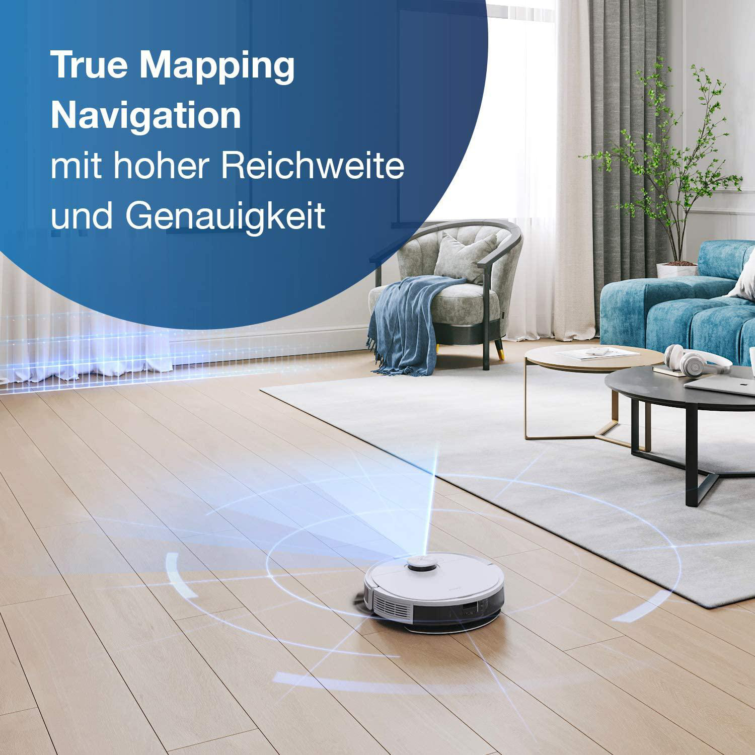 Ein Roboter-Staubsauger in einem Raum mit blauem Text-Overlay zur Navigation.
