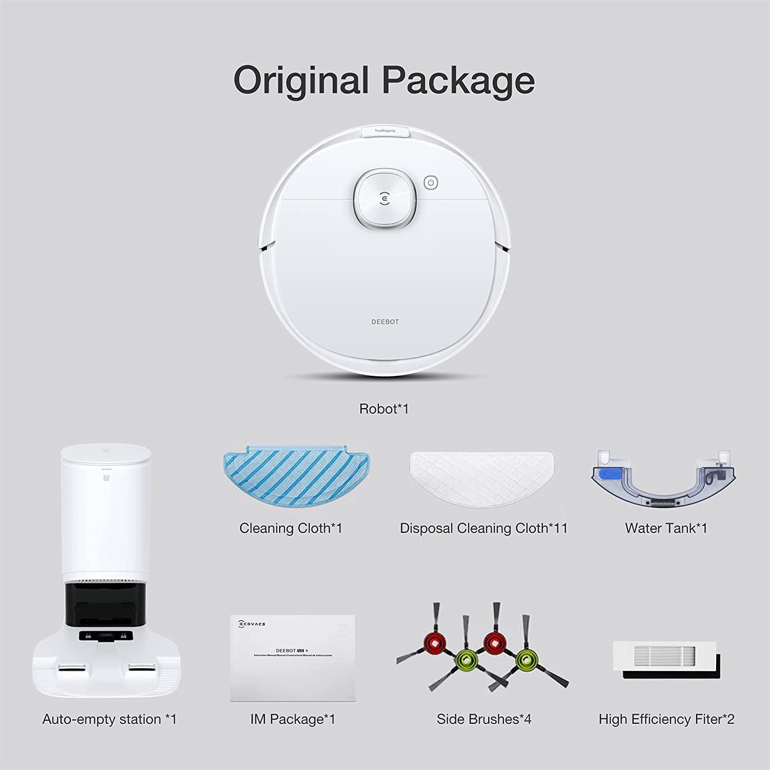 Das Paket enthält einen weißen Roboterstaubsauger, eine automatische Entleerungsstation, Reinigungstücher, einen Wassertank, Bürsten und einen Filter.