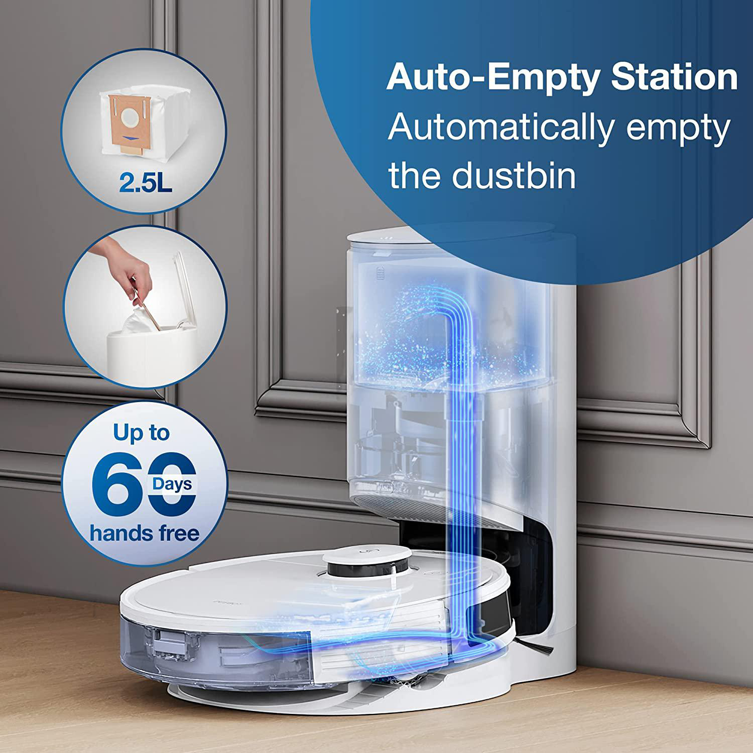 Roboter-Staubsauger mit automatischer Entleerungsstation. Enthält einen Staubbeutel, Freihandbedienung und bis zu 60 Tage freihändigen Betrieb.