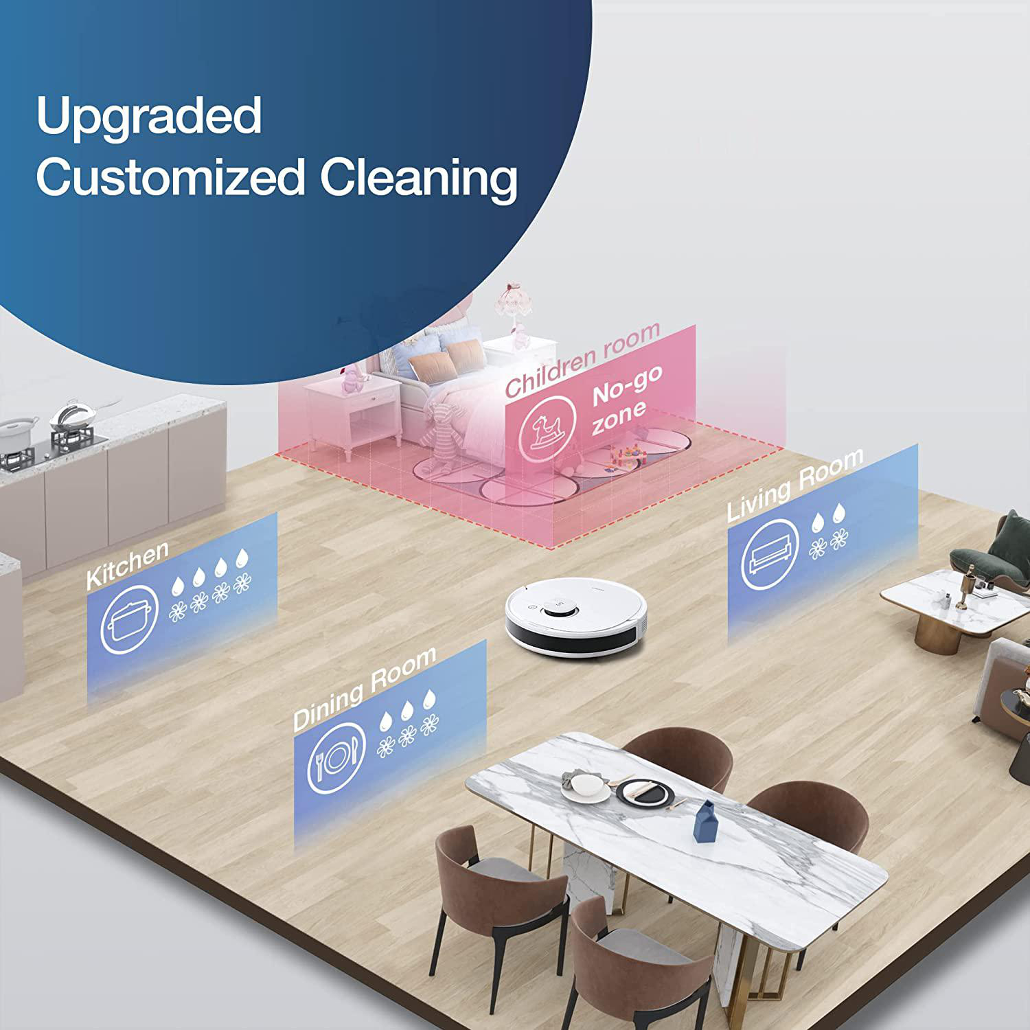Ein Roboter-Staubsauger reinigt ein Haus mit markierten Zonen, darunter Küche, Esszimmer, Wohnzimmer und Kinderzimmer.