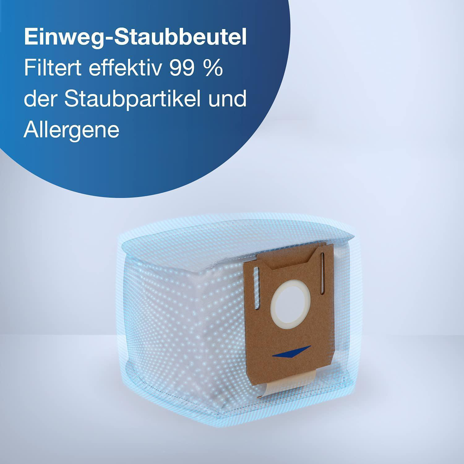 Blaue Grafik mit Text über einen Einweg-Staubsaugerbeutel, der Staub filtert.