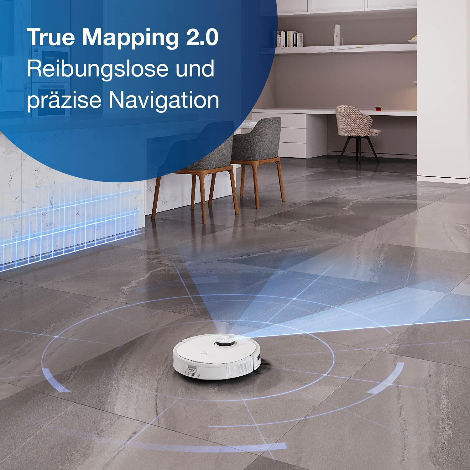 Weißer Roboter-Staubsauger auf dem Boden. Das Bild zeigt den Mapping-Prozess mit blauen Linien.
