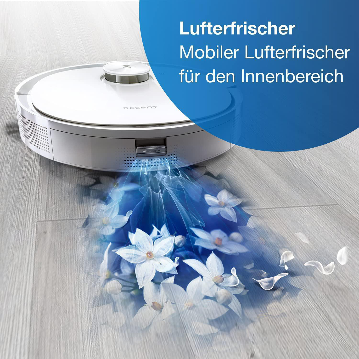 Ein Roboter-Staubsauger mit einem visuellen Blumeneffekt.