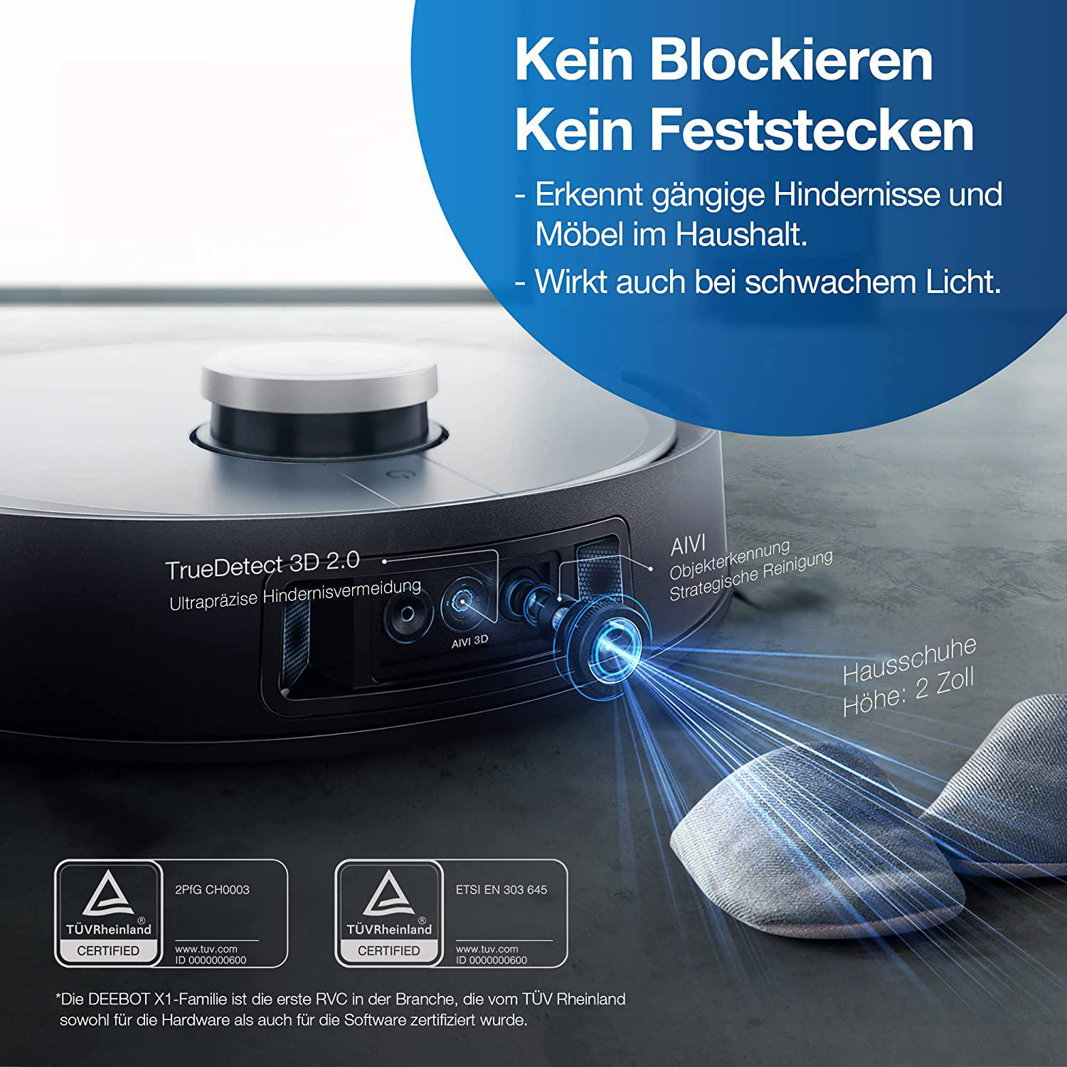 Roboter-Staubsauger mit Text auf Deutsch. Er hat einen silbernen Deckel und einen schwarzen Körper. Text über Funktionen.