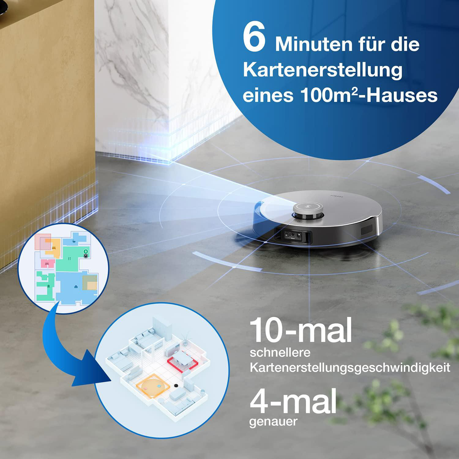 Ein Roboter-Staubsauger mit Infografiken zur Kartierungsgeschwindigkeit. Er hat eine Ladestation in der Nähe.