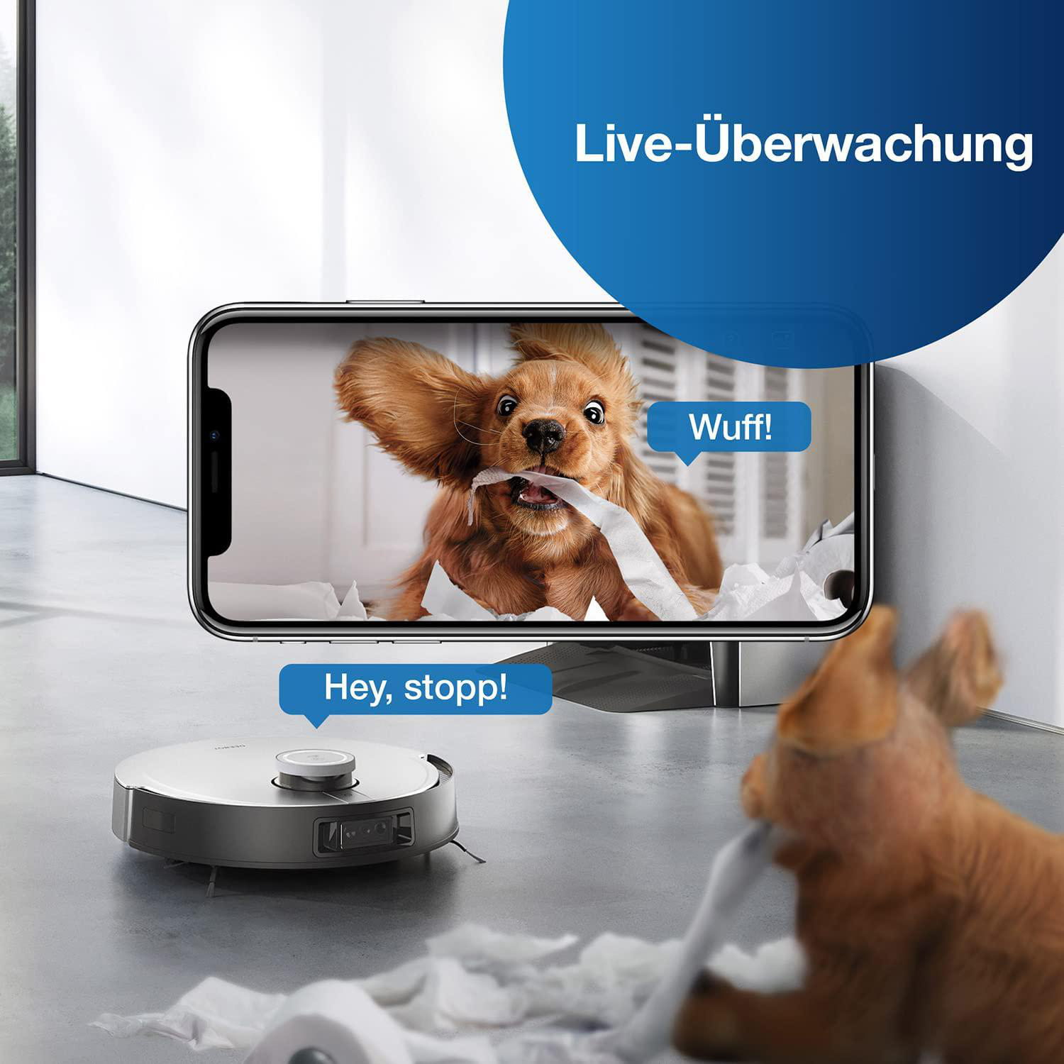 Ein Hund auf einem Bildschirm mit einem Roboter-Staubsauger und einem echten Hund, mit Texten.
