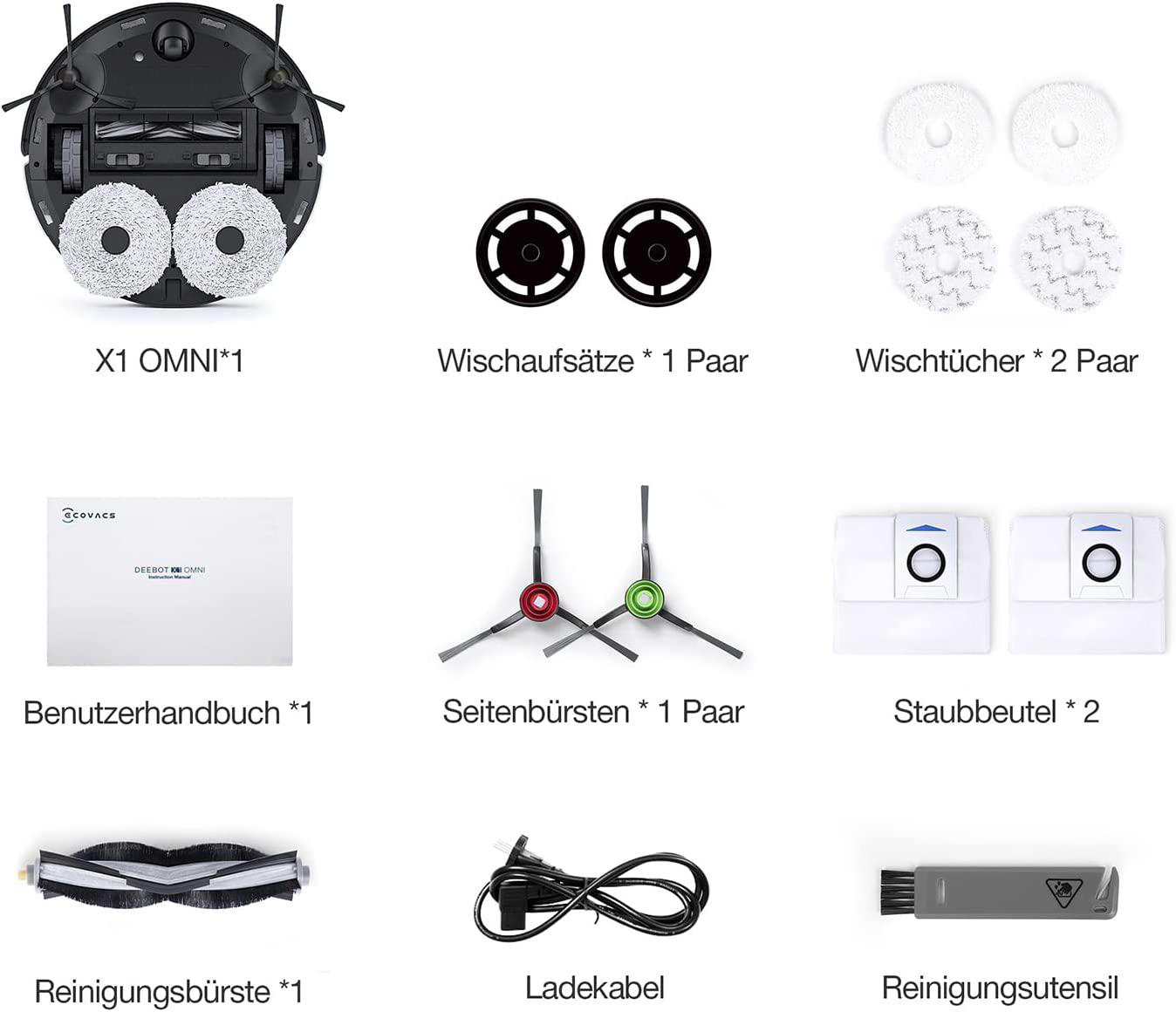 Roboter-Staubsauger und Zubehör auf weißer Oberfläche angeordnet.