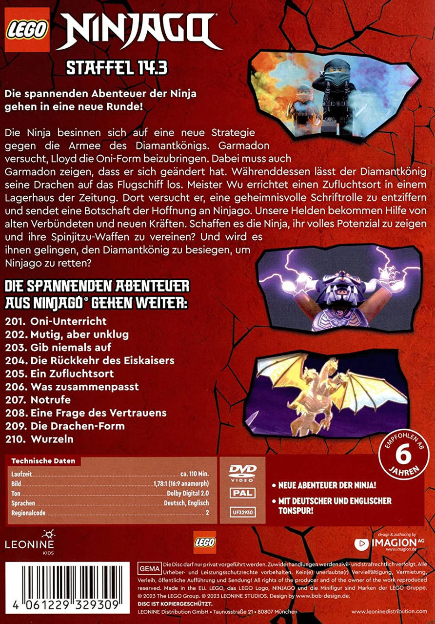 Lego Ninjago DVD-Cover mit Text und Bildern über die Serie, einschließlich der Drachenform.