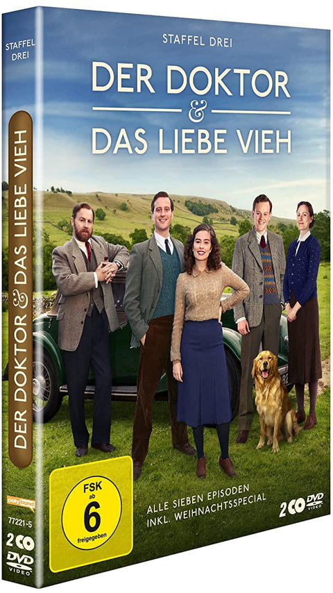 DVD-Hülle mit Schauspielern, einem Hund und deutschem Titel, grünes Gras, Auto.