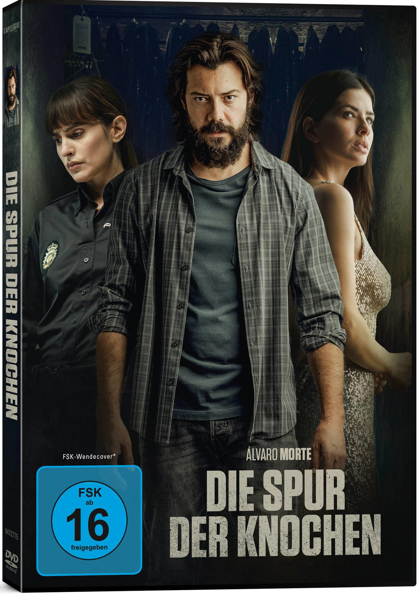DVD-Cover von 'Die Spur der Knochen' mit drei Personen: ein Mann und zwei Frauen.