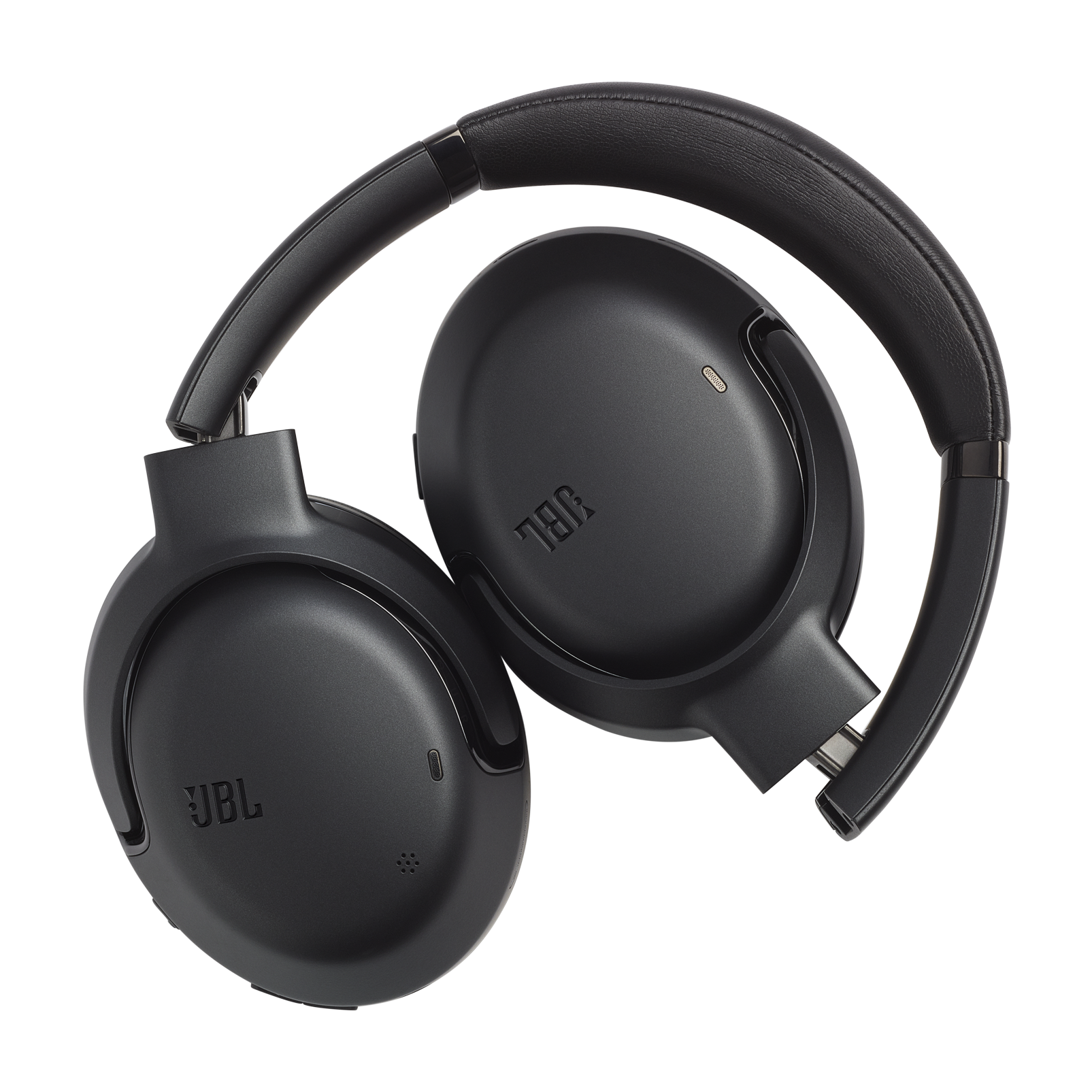 Black JBL headphones folded. The earcups are visible with the JBL logo, on a black backdrop.