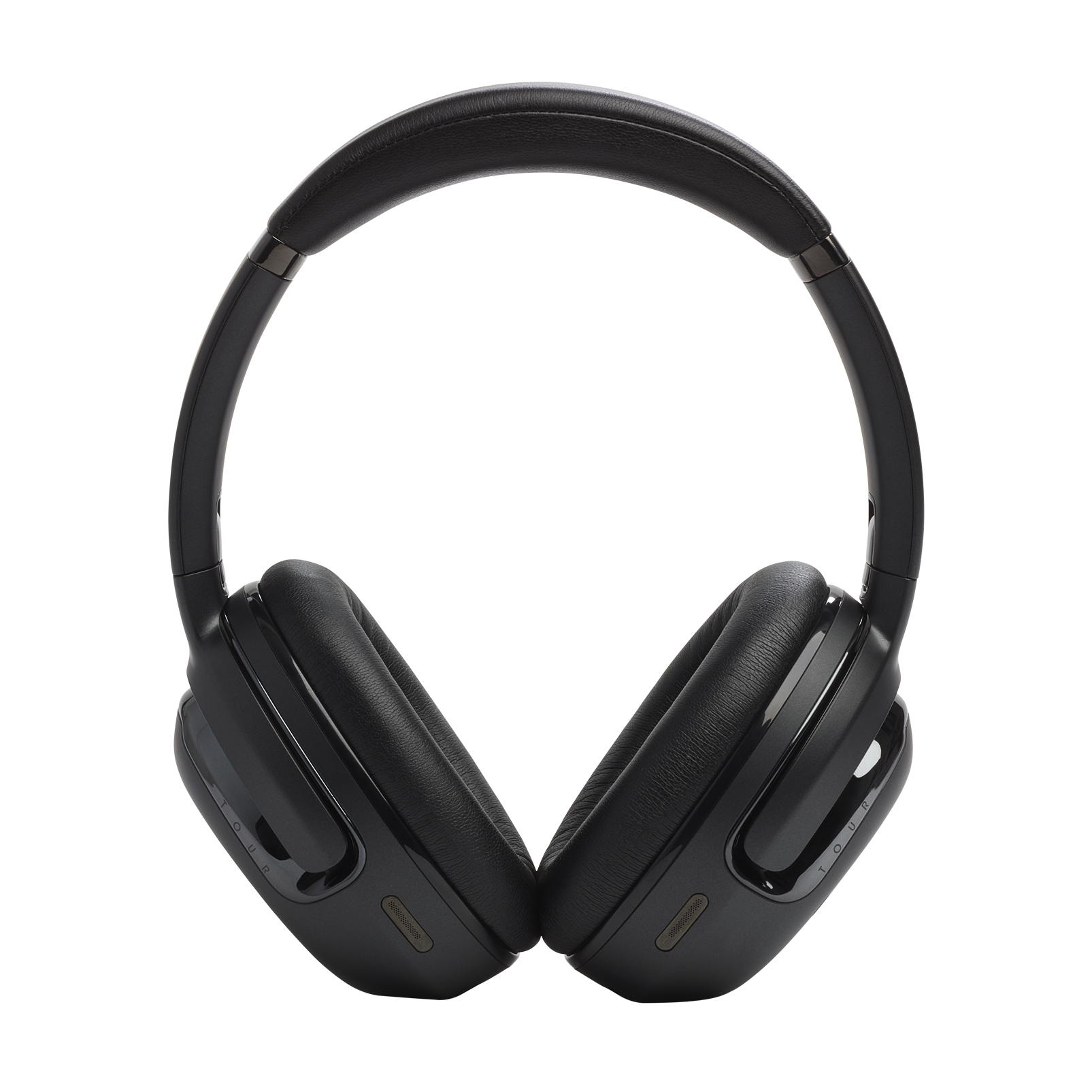 Black headphones centered on a black background. The headphones have a cushioned band and earcups.