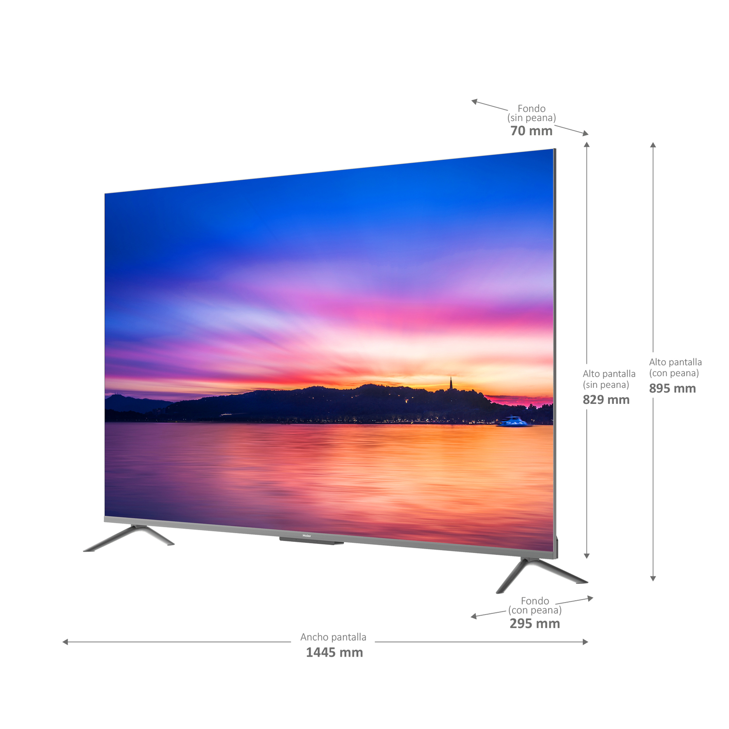 Televisor grande con una escena de atardecer colorida en la pantalla, con medidas.