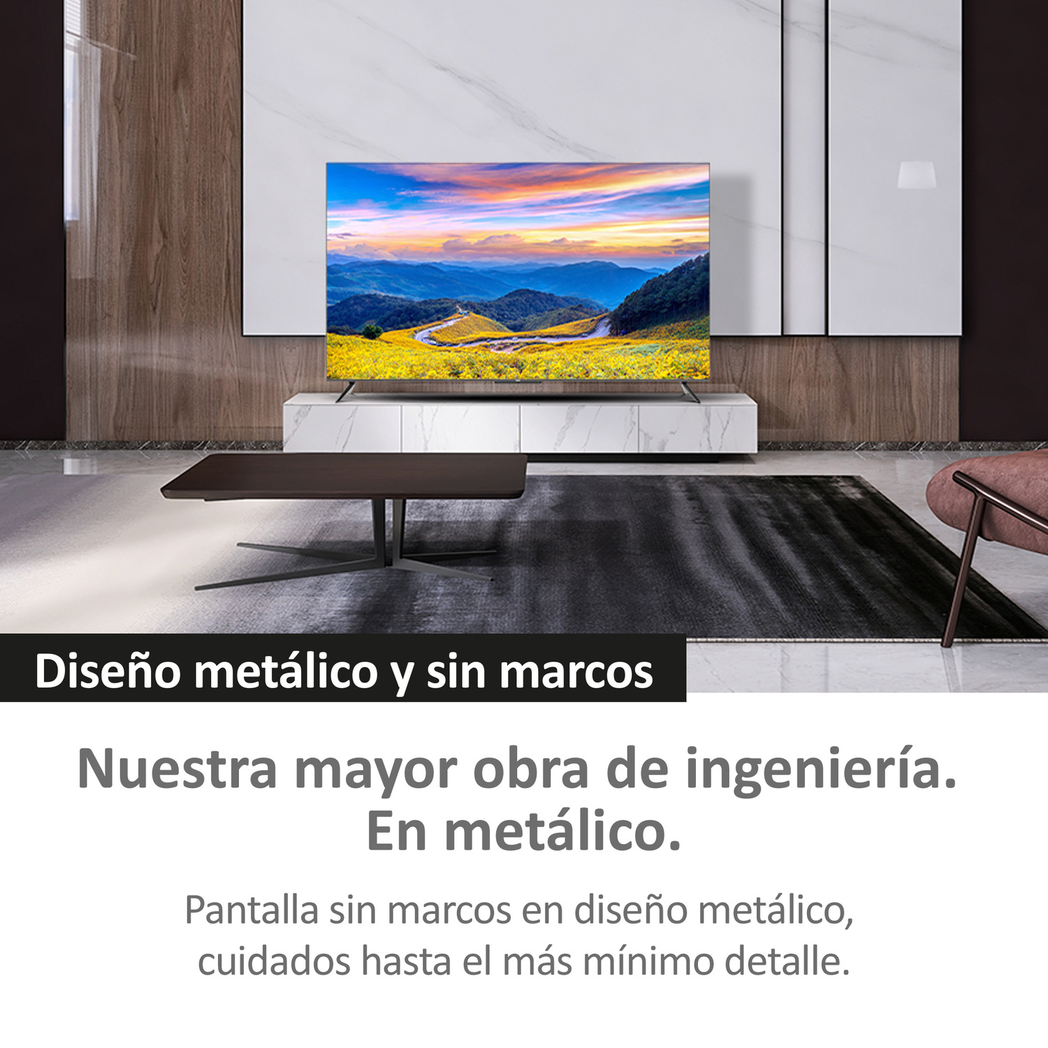 Una sala de estar moderna con un televisor, una mesa marrón oscuro y una alfombra negra.