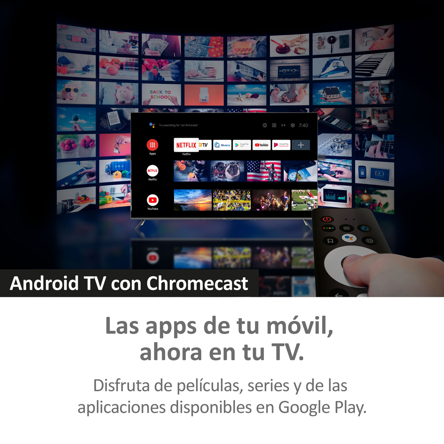 Un televisor con interfaz Android TV y Chromecast. La pantalla muestra varios iconos de aplicaciones y servicios de transmisión.